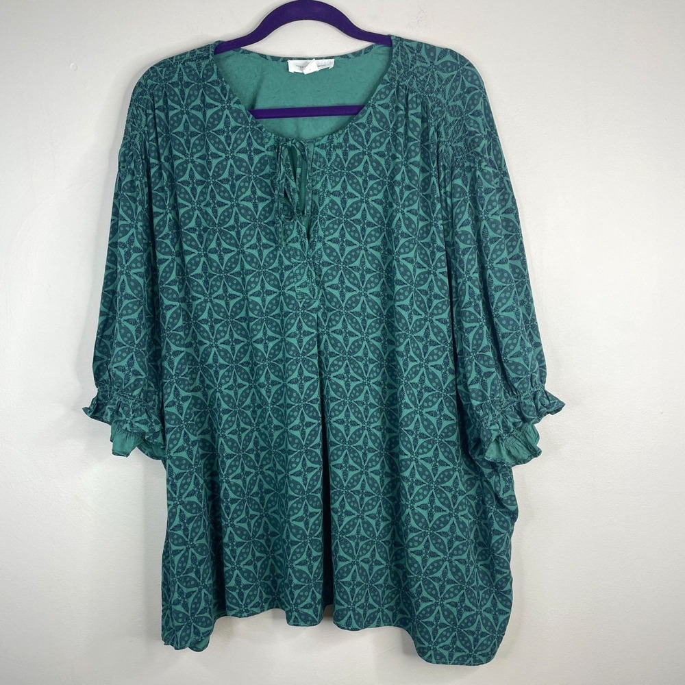 Womens Peasant Top 3X Green Pullover Puff Sleeve Colorful Bow Comfy Knit Tunic